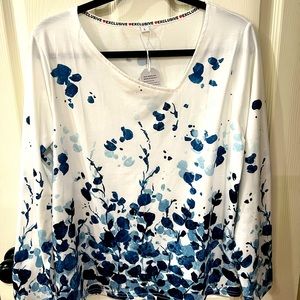 Woman’s long sleeve top, white with blue flowers. L, off center v-neck. NWT